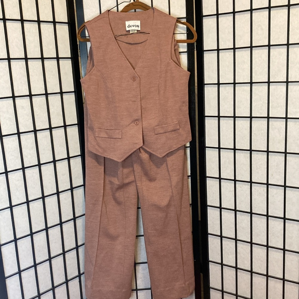 Vintage 70s Devon 3-piece vest/skirt/pants, dusty rose color